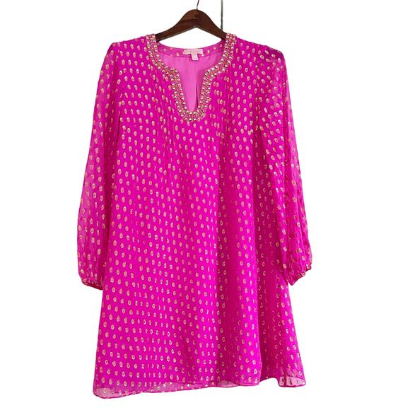 LILLY PULITZER Colby Silk Long Sleeve Tunic Dress Pink Gold 2 - Picture 3 of 10